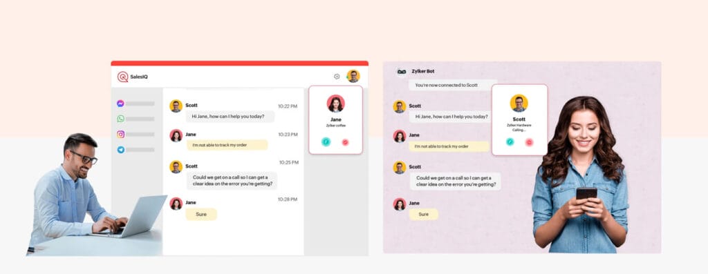 Illustration showing Zoho SalesIQ interface with Woggle Consulting integration for enhanced support.